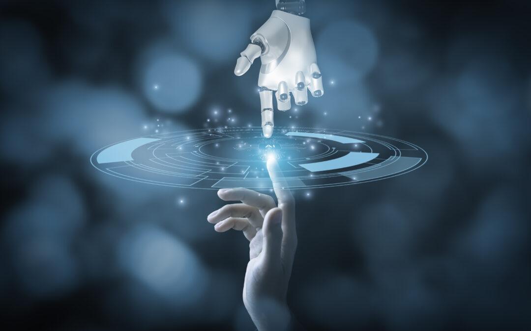 Human and robotic hands reaching toward a glowing AI interface, symbolizing the collaboration between artificial intelligence and human oversight in cybersecurity decision-making.